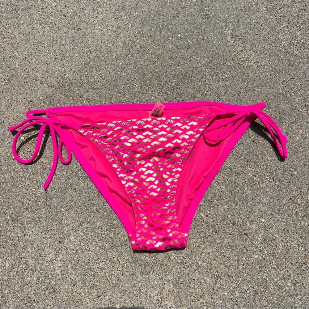 Victoria’s Secret hot pink gold foil hearts side tie bikini bottoms SMALL